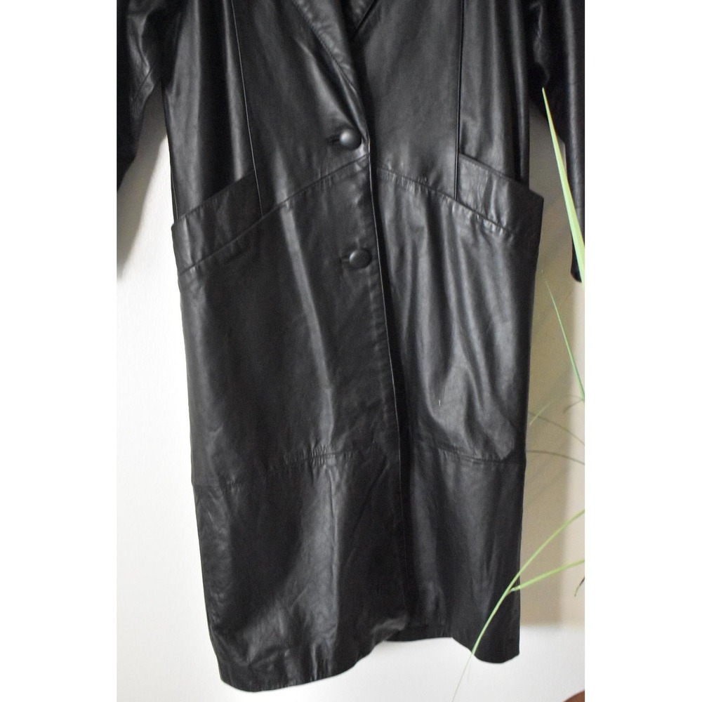 Comint Leather Trench Coat Womens Petite M Black 80s Shawl Collar Long Jacket - Picture 7 of 10